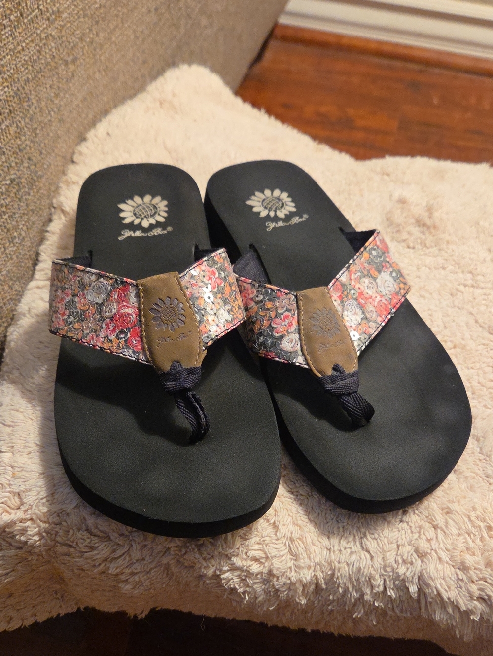Yellow Box Black Flip Flip Sandals with Floral Straps